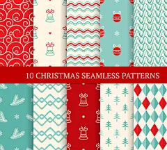 波普波点 | 图源免费eps |十种不同的圣诞节无缝图案。用于壁纸、网页背景、包装纸等的复古风格无尽纹理。波浪、曲线、冷杉树枝、圣诞球和铃铛