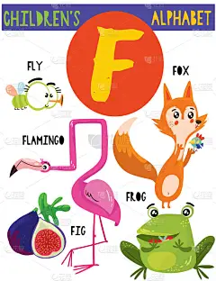 字母 f. 可爱的孩子的字母表与可爱的动物和其他东西。为孩子们学习英语词汇的海报。动画片向量例证.