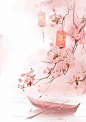 水彩 古风 粉色 海棠 灯笼 船 水墨 中国风 素材 花卉 背景@北坤人素材