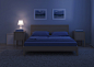 Bedroom interior in cold tones . Night lighting. 3D rendering.