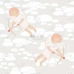 无缝向量图案与丘比特在蓝天和白云的背景上。情人节的节日设计。适合纸张、网页设计、背景、屏保、壁纸、礼