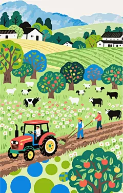卡通农村农民劳作风景插画