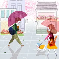 春天雨伞小雨菜地花园小鸡植物植树插画海报
