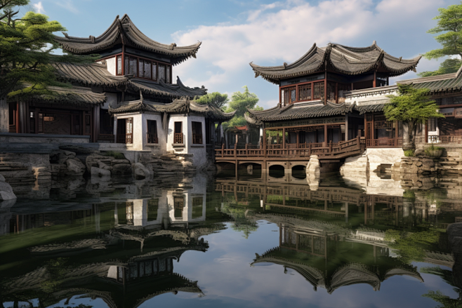 苏州中式园林建筑旅游景点风景摄影图