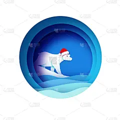 圣诞贺卡上有北极熊和美丽的冬季海景。北极熊。可爱的北极熊戴着剪纸风格的圣诞老人帽。新年快乐。蓝色的。