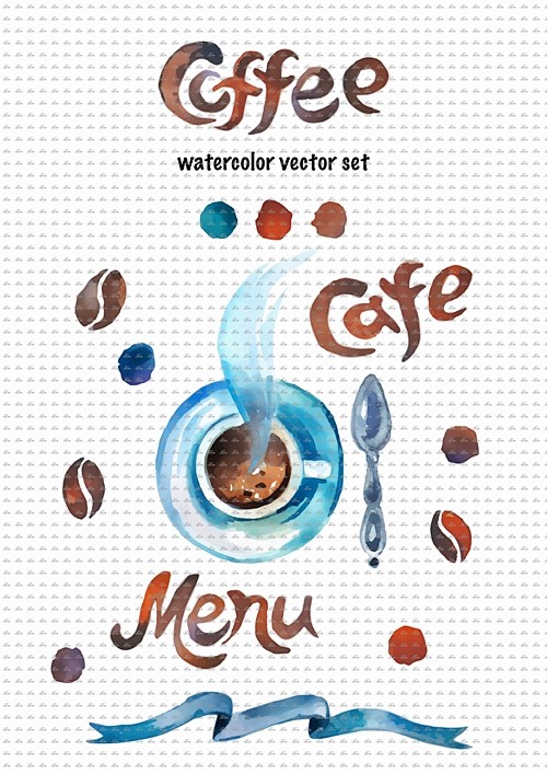 水彩手绘咖啡豆传统磨咖啡机咖啡下午茶休闲...