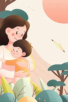 橙色卡通人物妈妈母子拥抱母亲节插画