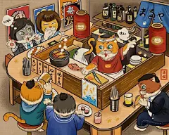 喜聚不喜散，馀生皆盛宴。喵与人何异，应作如是观。猫苑浮世绘，人生即喵生。 清喵 绘 ​​​​《橘喵日本美食之旅系列》 ​​​​