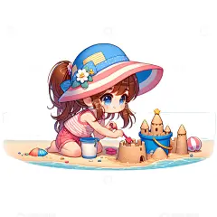 可爱女孩沙滩玩耍卡通人物素材高清模板免费下载-趣麦麦图