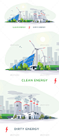 清洁可再生和脏污染发电站——技术概念Clean Renewable and Dirty Polluting Power Stations - Technology Conceptual漫画、城市清洁、煤炭、肮脏、生态学、电气、能源、环境、工厂、平坦,化石,气体发生器,工业、孤立、面板、污染、污染、权力,强国,可再生,天空,太阳,车站,太阳,可持续,涡轮,矢量,风 cartoon, city, clean, coal, dirty, ecology, electric, energy, environmen