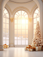 In the style of luxurious geometry,a white christmas room with christmas tree and gifts,  golden light, arched doorways, realistic landscapes with soft, tonal colors, vignettes of paris,minimalist detail, soft shading, uhd image --v 5.2 --ar 3:4