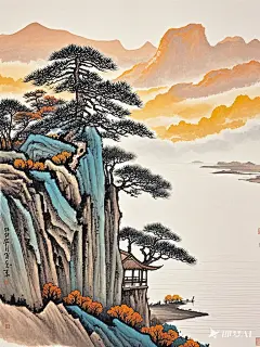 淡雅色调调和，朦胧晕染氛围，柔和色彩晕染，纸本设色，浅棕黄色，纯白纸张上的晕染画，渐变，自然过渡，柔和，山，水，松树，悬崖，一览众山小，秋水共长天一色，落霞与孤鹜齐飞，国画，大写意，极简主义，水墨，晕