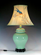 中式灯具 果绿釉将军罐真丝手绘陶瓷台灯