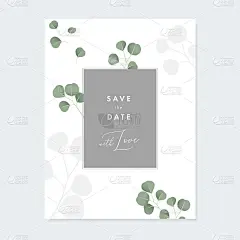 花的婚礼请柬，贺卡与绿色银元桉树叶子孤立在白色的背景。简单的植物设计，复古矢量插图，宣传册模板。