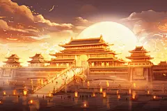 梦幻古风古韵金线城市建筑插画