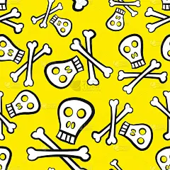 白色的头骨和骨骼被隔离在黄色的背景上。幼稚可爱的卡通无缝图案。矢量平面图形手绘插图。纹理。
