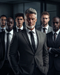 a group of men, varying ages and races, wearing grey or dark suits, no vests, optimistic looks on their faces, realistic 4k, --ar 4:5