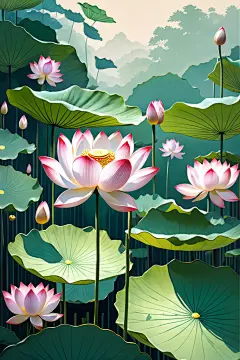 酷暑花朵荷花荷叶插画图片