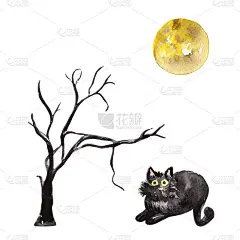 水彩手绘树剪影，黑猫和满月孤立的白色插图。万圣节快乐庆祝明信片设计。预先制作的贺卡模板。不给糖就捣蛋