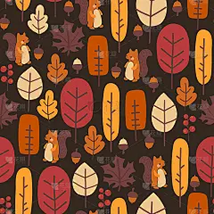 秋天自然无缝矢量图案可爱的秋天森林，松鼠，树叶，树木，坚果，橡子。感恩节秋天背景壁纸，包装，纺织品。
