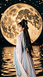 汉服模特背影，月亮，夜空，水面倒影