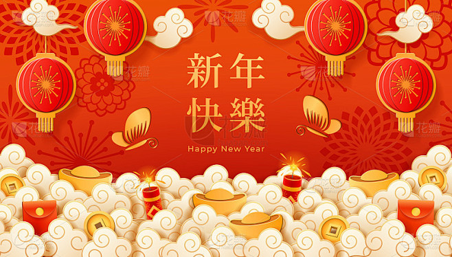 春节贺卡与灯笼和蝴蝶，鞭炮，红色的红包信...
