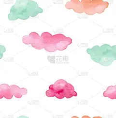粉红色和蓝色的云彩, 手绘水彩设计.