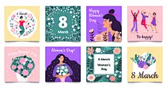 国外卡通扁平38妇女节女神女生节人物插画海报banner设计素材模板-淘宝网