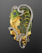 Art Nouveau Diamond and Enamel Maiden and Peacock Feather Brooch by Louis Aucoc