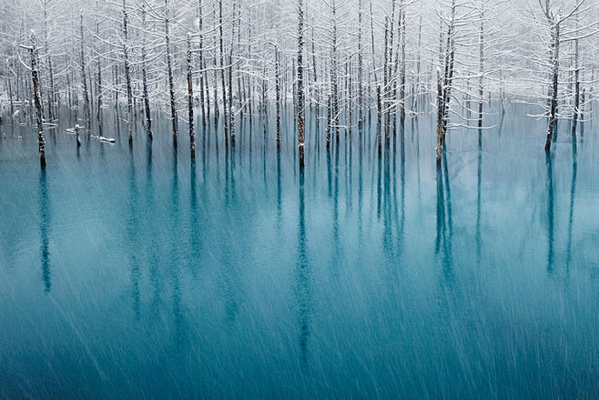 蓝色的池塘和第一场雪   摄于日本北海道...