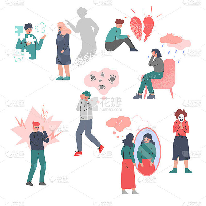 患有心理问题，焦虑，孤独和抑郁，精神障碍，疾病概念卡通矢量插图的青少年