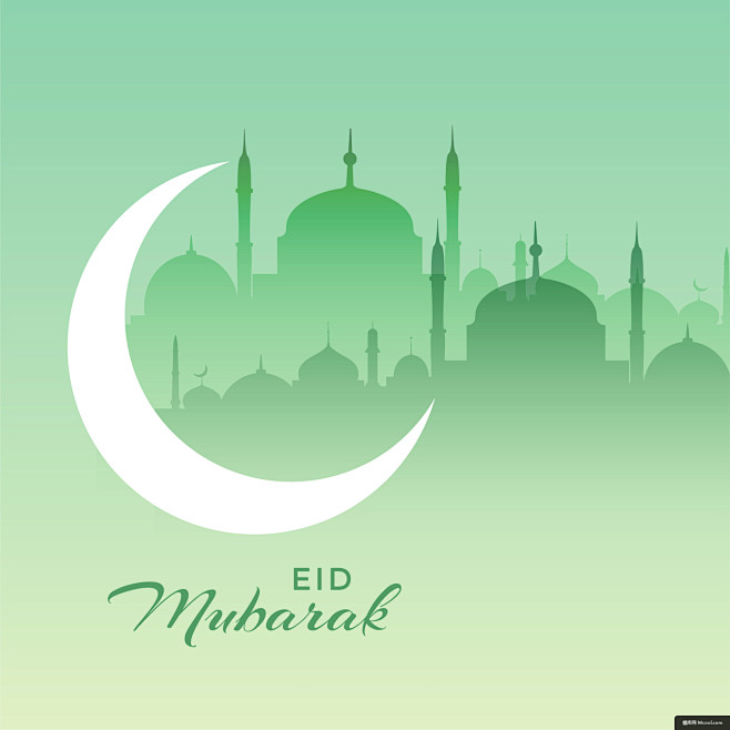 月亮绿色清真寺月牙图案设计穆巴拉克伊斯兰教宗教文化插画绘画