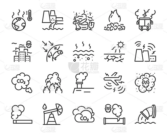 set of pollution icons, such as air pollution, wat素材-花瓣网