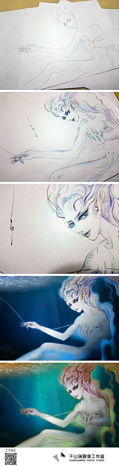 原创手绘【子鲛】

中性，鲛人（人鱼）。画中的意境，由各位看官自己联想吧~


子：古代对成年男子的美称

鲛：人首鱼尾，貌美善歌，织水为绡，坠泪成珠。发色深蓝，深碧色的眼睛。寿命是人类的十倍左右。
奴隶主畜养鲛人，成年后便剖开鱼尾，分成两腿，以人形拿到东市西市上出售获利。
鲛人生下来之初没有性别，成年后性意识觉醒，身体产生变异分裂为男女，也有一辈子中性化的。
至于性别的转折，取决于他们自身的意志。
变身时间大约需要几个月到一两年，鲛人一生只能选择一次性别。

原创手绘：千山瑞
电脑后期：千山瑞
绘制时间