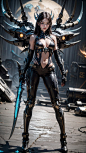  Zerg Mech (Queen),Armor,full body,Mechanical arthropods,Sharp armor,glove,Complex armor,Calf mecha,standing,Holding a glowing weapon in his hand,ground,Blur background,Tight fitting clothing,Navel,Half exposed chest,The cow horn mecha structure on the sh
