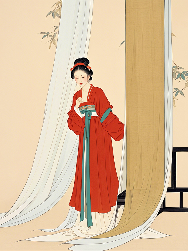 Nanjiao Xi，一位宋代少女，站在轻纱幔帐前，优雅端庄，整体色调为低饱和度的红色调，清新自然，仕女图，色调统一，低饱和度 (1)