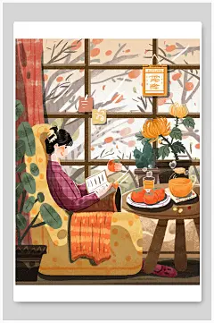 手绘中国风二十四节气室内霜降手绘柿子插画