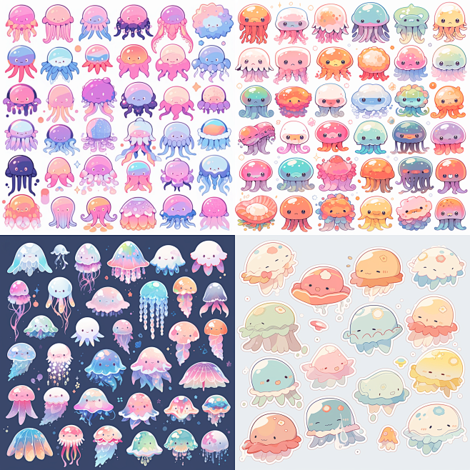 Cute jellyfish sticker pack, with white border, knolling layout, pop ...