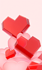 the three red hearts are placed on a surface, in the style of translucent geometries, light beige and pink, vray tracing, glazed surfaces, fragmented icons, wavy resin sheets, matte photo