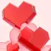 the three red hearts are placed on a surface, in the style of translucent geometries, light beige and pink, vray tracing, glazed surfaces, fragmented icons, wavy resin sheets, matte photo