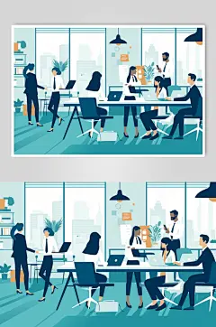 AI数字艺术扁平风企业办公室团队协作场景插画-众图网