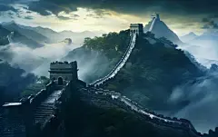 中国风建筑草地长城建筑花朵树木人物素材