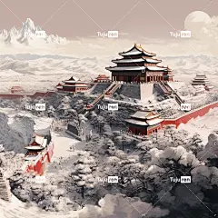 故宫在雪景的风格下，白红相间，多彩忧郁，山水层次分明海报