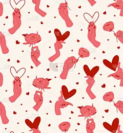 浪漫的手与心和花无缝模式向量在米色背景。情人节快乐平面风格插图。红心牡丹花