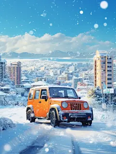 在雪中汽车动态城市海报
