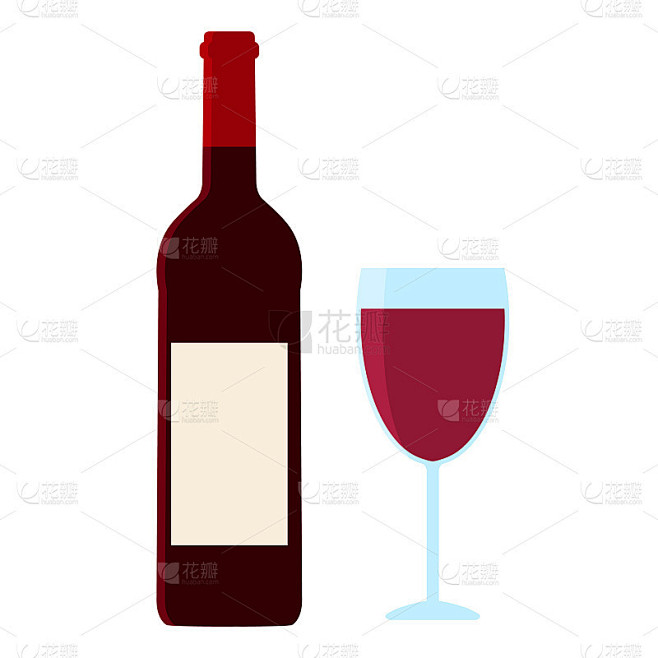 矢量图标的酒瓶和葡萄酒杯与红酒。平的风格。