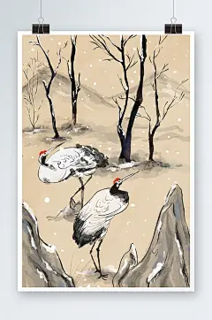 中国风仙鹤手绘插画设计
