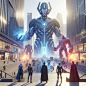 some people are standing in front of a giant robot