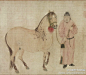 【 元 任仁发 《人马图》 】卷，绢本设色，29.2×136.8cm，美国克利夫兰美术馆藏。 绘四人三马，人马神态各异，人物衣冠皆唐代服饰，三马雄壮矫健，皮鬃致密纤细，造型生动，当为官府名贵之马。画中用笔细劲，设色简约而轻淡，造型严谨。