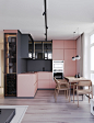 A Striking Example Of Interior Design Using Pink & Grey : Pink and grey decor elements work in smooth harmony together. Take this modern apartment for example. A grey and pink kitchen, pink bedroom accent walls, and even some highly unusual pink bathr